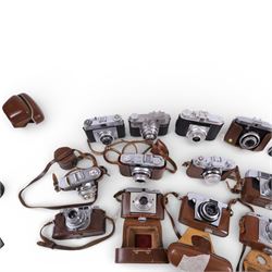 Collection of rangefinder cameras, including Aka Rette, Agfa Silette, Iloca Rapid, Koroll 24, Ilford Sportsman, Exa 500, Luxette, Frankarette, Agfa Optima I, Halina Pet,  Voigtlander Vitomatic II