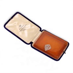 Art Deco Bakelite cigarette case, of rectangular form, the hinged lid with applied platinu...