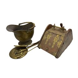 Collection of fireside equipment and accessories to include coal box with ornate brass fixtures, brass coal scuttle, bed pan etc