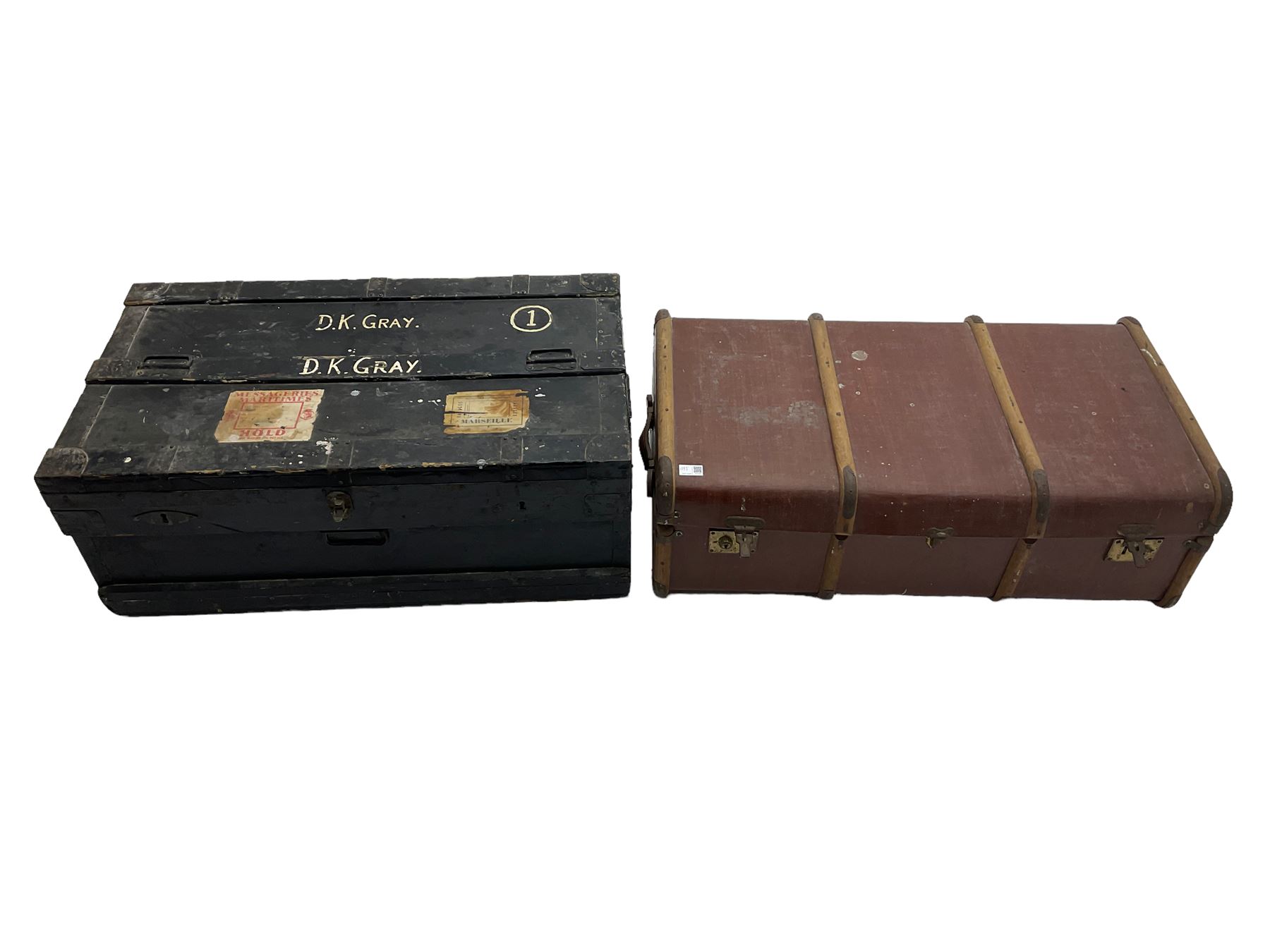 'The Marshall Improved Air & Water-Tight Chest' 1917-1933, metal bound military chest with tin liner (92cm x 53cm x 35cm), and a wooden bound canvas travel trunk (92cm x 52cm x 32cm)