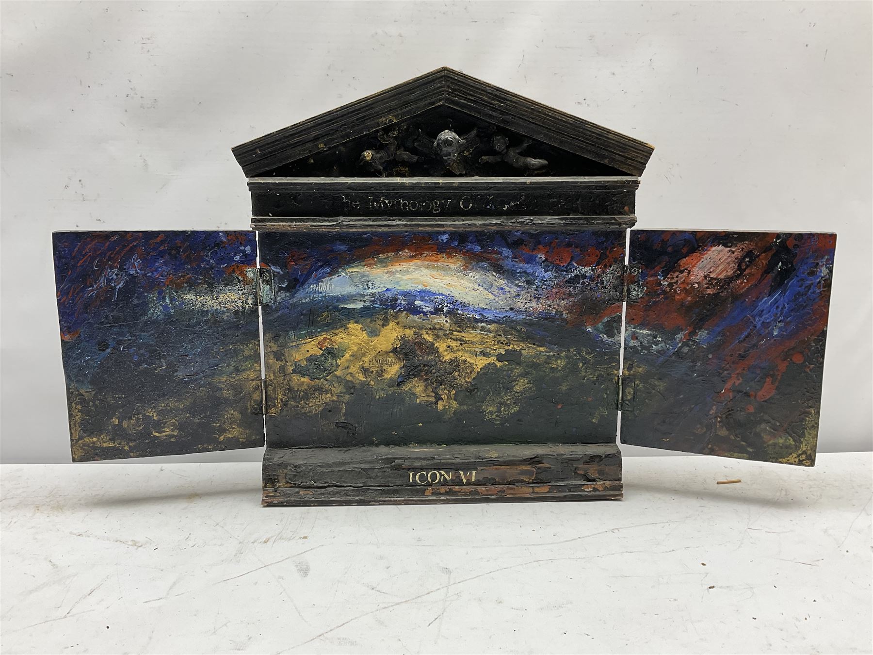 Frank Gordon (Northern British 1943-): 'The Mythology of Landscape - Icon VI', three dimensional acrylic on wood, titled verso with artist's address label 38cm x 66cm
Notes: Frank entered Bolton College of Art at the age of fifteen, followed by thirty years of teaching art and his early retirement in 1995, he moved to Giggleswick in the Yorkshire Dales 