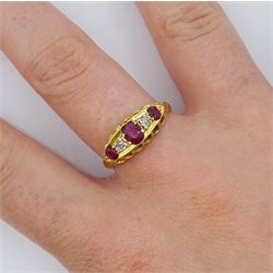 Early 20th century 18ct gold five stone oval cut ruby and old cut diamond ring, Birmingham 1911