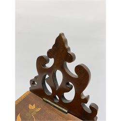 George III style mahogany candle box, of tapering form with shaped and pierced back, the front inlaid with flowering tendril, H42.5cm