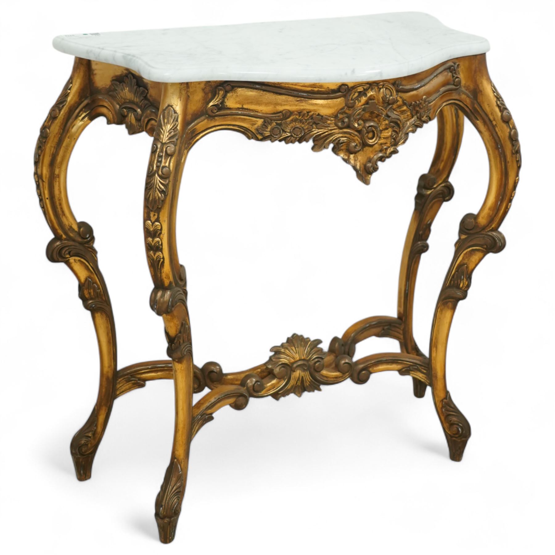 20th century Louis XV design giltwood console table, shaped white marble top over pierced and carved frieze with floral and foliate motifs, raised on cabriole supports united by X-shaped stretcher with central floral finial 