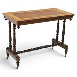 Victorian rosewood and beech stretcher table, rectangular walnut banded top, four turned l...