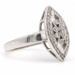 18ct white gold diamond marquise shaped ring, milgrain set with round cut diamonds, London 2004, total diamond weight approx 0.25 carat