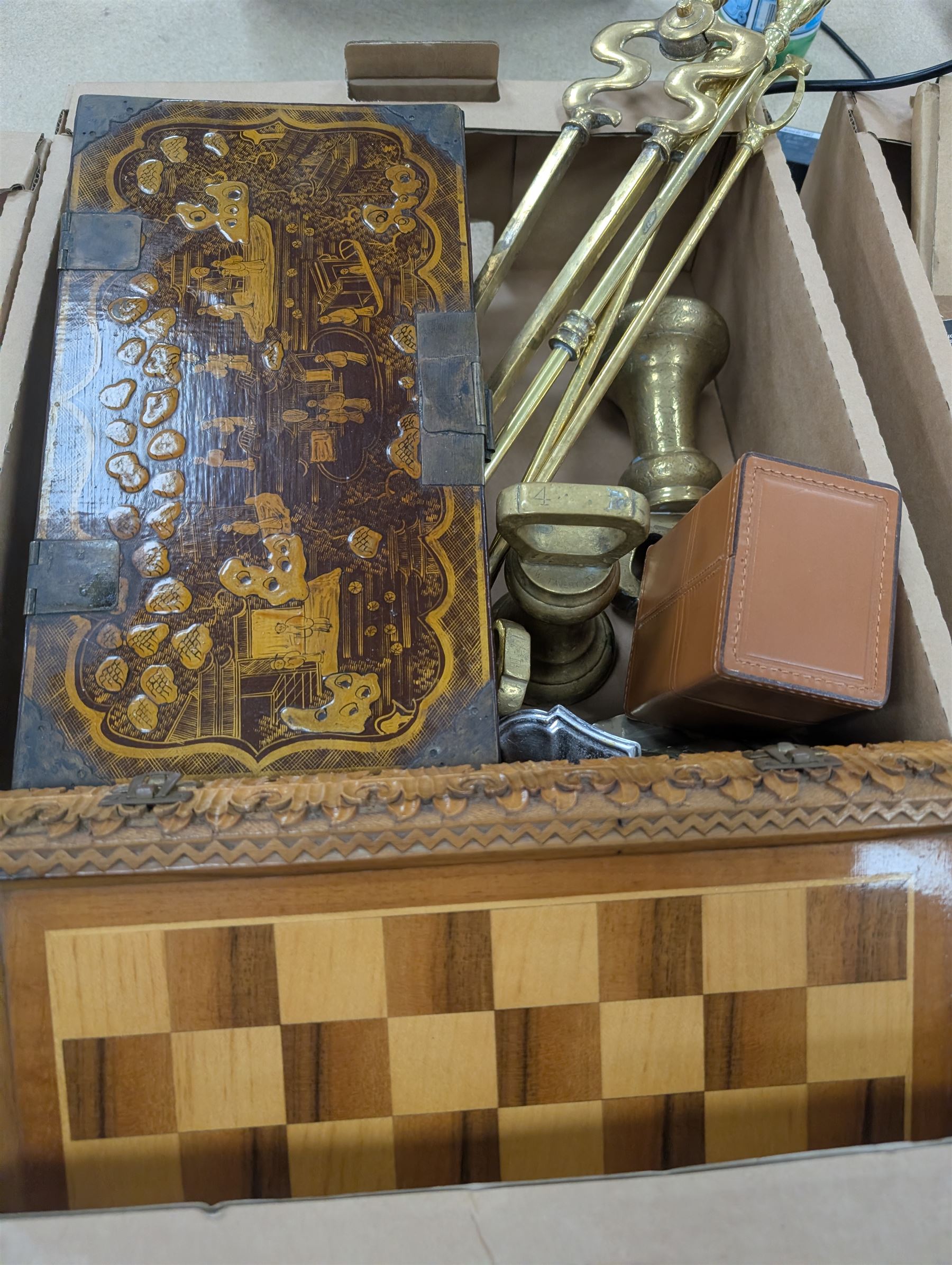 Collection of metalware, including brass weights, fireside tools, sauce boat, etc, together with a chess set, records, two studio pottery lamps etc