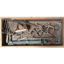 Collection of early metalwork, to include horses gag, barn door drop bolts, steel yard, etc. 