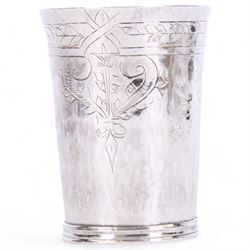 Commonwealth silver cup, of cylindrical form engraved with foliate band and motifs beneath...