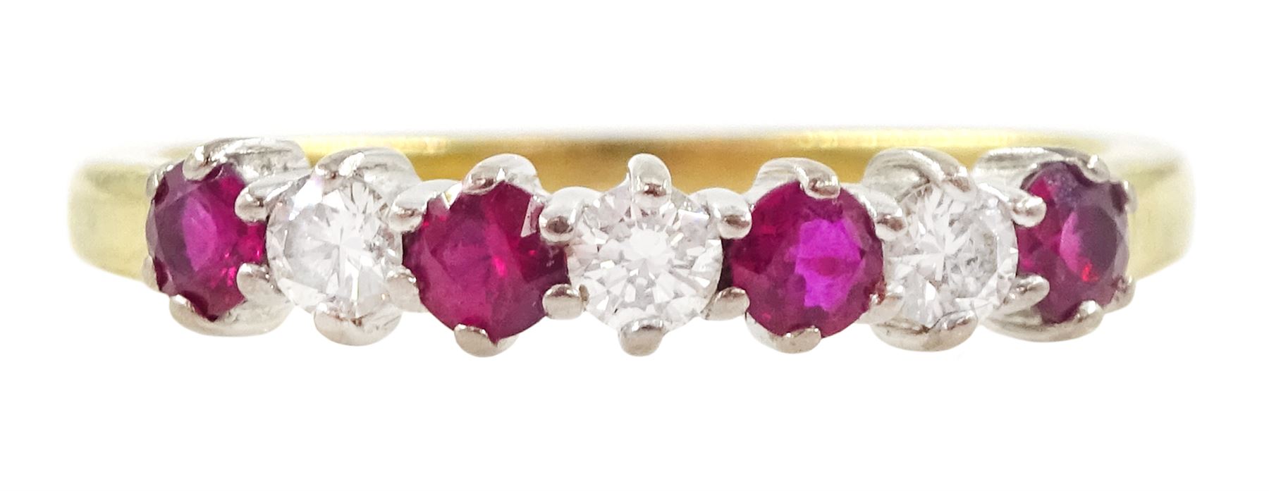 18ct gold seven stone ruby and round brilliant cut diamond half eternity ring, London 2006
