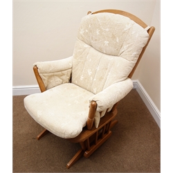  Pair Dutailier ash framed rocking chairs, upholstered back seat and arms, W70cm  