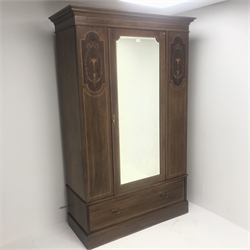 Edwardian inlaid walnut wardrobe, projecting cornice, single mirrored door and drawer, plinth base, W130cm, H208cm, D56cm