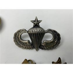 Post-WW2 sterling silver US Army Airborne Senior Paratrooper jump wings; four hallmarked silver ARP badges; and other military badges and buttons including East Yorkshire Regiment