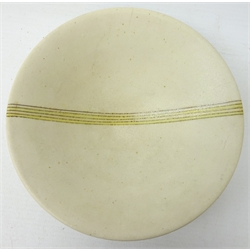  Studio pottery footed bowl with striped band, in the style of Lucie Rie, impressed LR, D15.5cm   