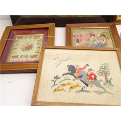  Four early 19th century and later needlework pictures, two seated figures playing musical instruments, wool work floral picture worked by Sarah A Slim 1861, mother and child wool work within temple archway, Proposal scene needlework picture within ornate gilt frame and larger religious scene wool work 19cm x 23cm (5)  
