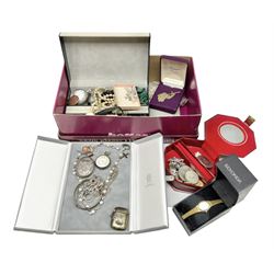 Victorian and later silver jewellery including engraved oval locket pendant, bangle, fob watch, vesta case, faux pearl necklace, butterfly wing pendant etc, a collection of costume jewellery including beaded necklaces, brooches, earrings, ladies wristwatches and a small collection of coins including two pre 1947 half crowns 
