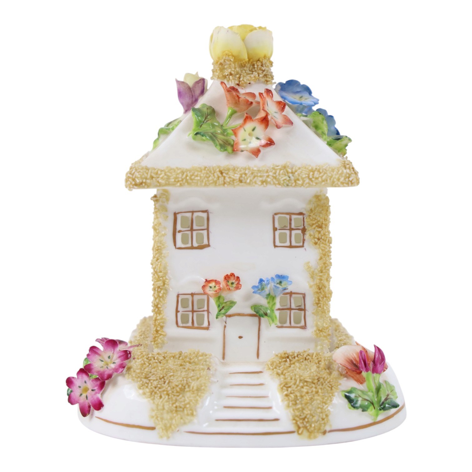 Collection of Coalport items, comprising floral mantel clock, houses including 'Park Lodge' 'The Umbrella House' 'Keepers Cottage', Coalbrookdale floral jar, and others; Kingmaker mouse ornament; Egyptian-style granite Bastet cat ornament, in one box