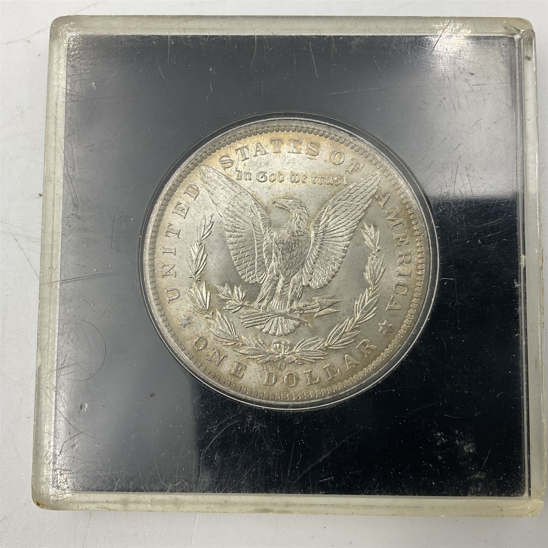 Two United States of America silver Morgan dollars dated 1885 O, 1888 O, King George V 1935 crown coin, and Mexico 1968 twenty-five pesos coin