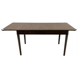 Regency design mahogany extending dining table, rectangular top with extending canted corners, pull-out action with additional leaf (84cm x 136cm - 182cm, H76cm); set of eight Regency design mahogany dining chairs with rope twist rails