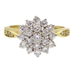 18ct gold diamond cluster ring, with diamond set shoulders, hallmarked, total diamond weight 0.75 carat