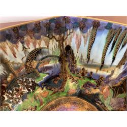 Early 20th century Wedgwood Fairland lustre bowl, circa 1920, of octagonal form, designed by Daisy Makeig-Jones, the exterior decorated in the Castle on the Road pattern, the interior decorated in the Fairy in a Cage pattern, pattern no Z5125, with printed marks beneath, H11cm D22.5cm
