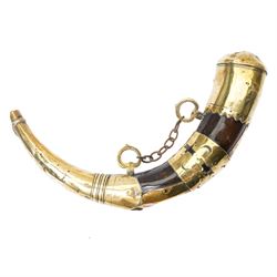 Leg of mutton leather shotgun case L78cm and a North African brass and horn powder horn