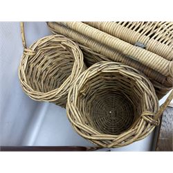 Early 20th century burr walnut tea caddy, Art Deco wooden box, wicker basket with bottle holders and a 1950s Stella radiogram