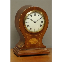  Edwardian inlaid mahogany balloon mantle clock, 'Buren' movement with platform escapement, H21cm  