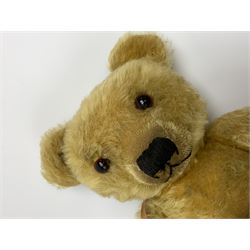 Merrythought Hygienic Toys large 'Magnet' teddy bear c1930s with plush body, swivel jointed head with glass eyes and vertically stitched nose and mouth and jointed limbs,  celluloid wishbone button to right ear and stitched label under right pad H22