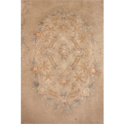  Pink ground Chinese rug, central medallion depicting two birds, repeating border (184cm x 128cm), two other similar rug (275cm x 185cm max) and a semi circle rug (4)  