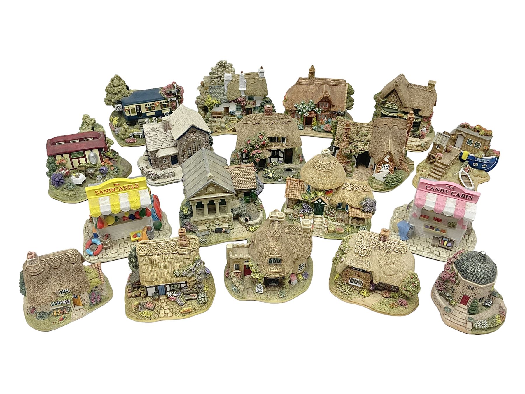 Eighteen Lilliput Lanes, including The Penny Farthing, The Pigsty, Borrowdale School, Fairy Cake Tearoom, An Apple a Day,Ladybird Cottage etc, all with original boxes 