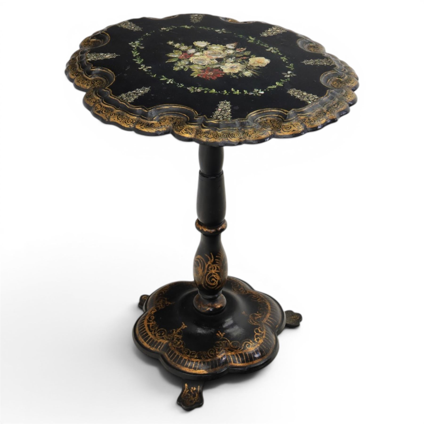 Victorian papier mache table, tilt top with painted decoration and mother of pearl inlay, raised on a baluster column shaped base terminating in pad feet