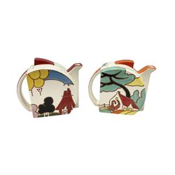 Two Wedgwood Clarice Cliff Bizarre stamford teapots, in red roofs and summer house patterns, H11cm