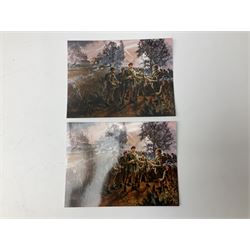 Presentation bronzed figure of a paratrooper by Peter Hicks mounted on a mahogany plinth with plaque inscribed ' Presented to Lieutenant General Sir Michael Gray KCB OBE President Army Parachute Association 1981-1987 An Outstanding Term of Leadership Friendship and Humour. Thank You All Ranks A.P.A.' H28cm; a brass Pegasus plaque H12cm; and small quantity of colour photographs and prints of military related paintings