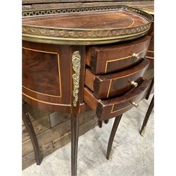 Pair French Louis XVI design demi lune side table, three drawers, on shaped cabriole legs