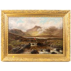 Tom Seymour (British 1840-1904): Shepherdess Carrying Infant on Her Back - Glenmuick, oil on canvas signed 40cm x 59cm