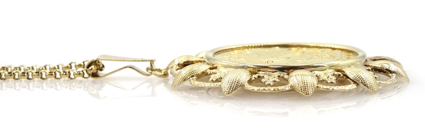 King George V 1913 gold full sovereign coin, loose mounted in gold pendant, on gold chain, both 9ct