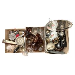 Pair of Grand Lumiere opera glasses, together with two studio glass vases, cut glass jugs, silver plated toast rack and other collectables, in three boxes
