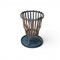 Wrought metal garden burner, circular tapering form, with circular lid converting to ash pan