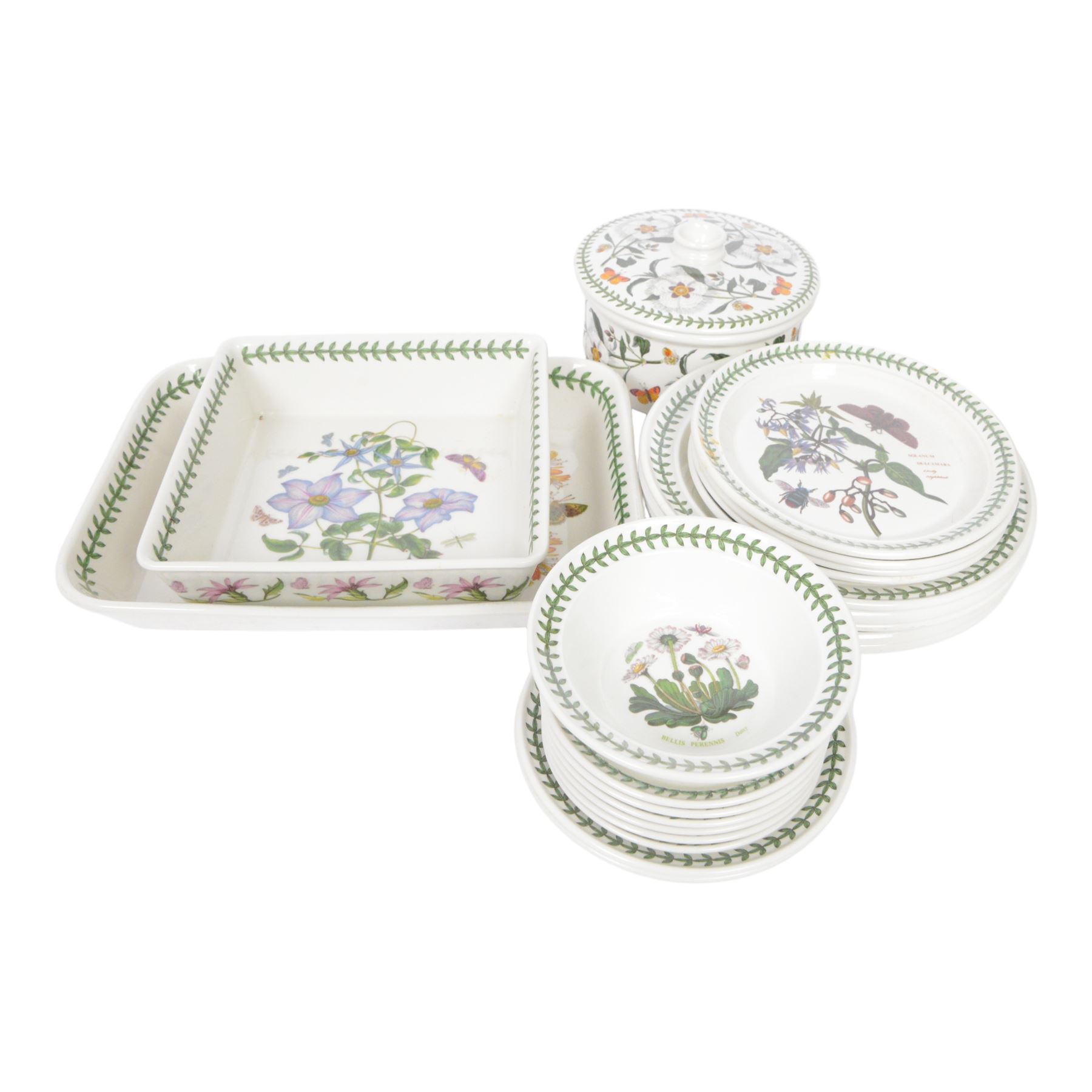 Collection of Portmeirion The Botanic Garden pattern, including five dinner plates, four side dishes, vases, planters etc 