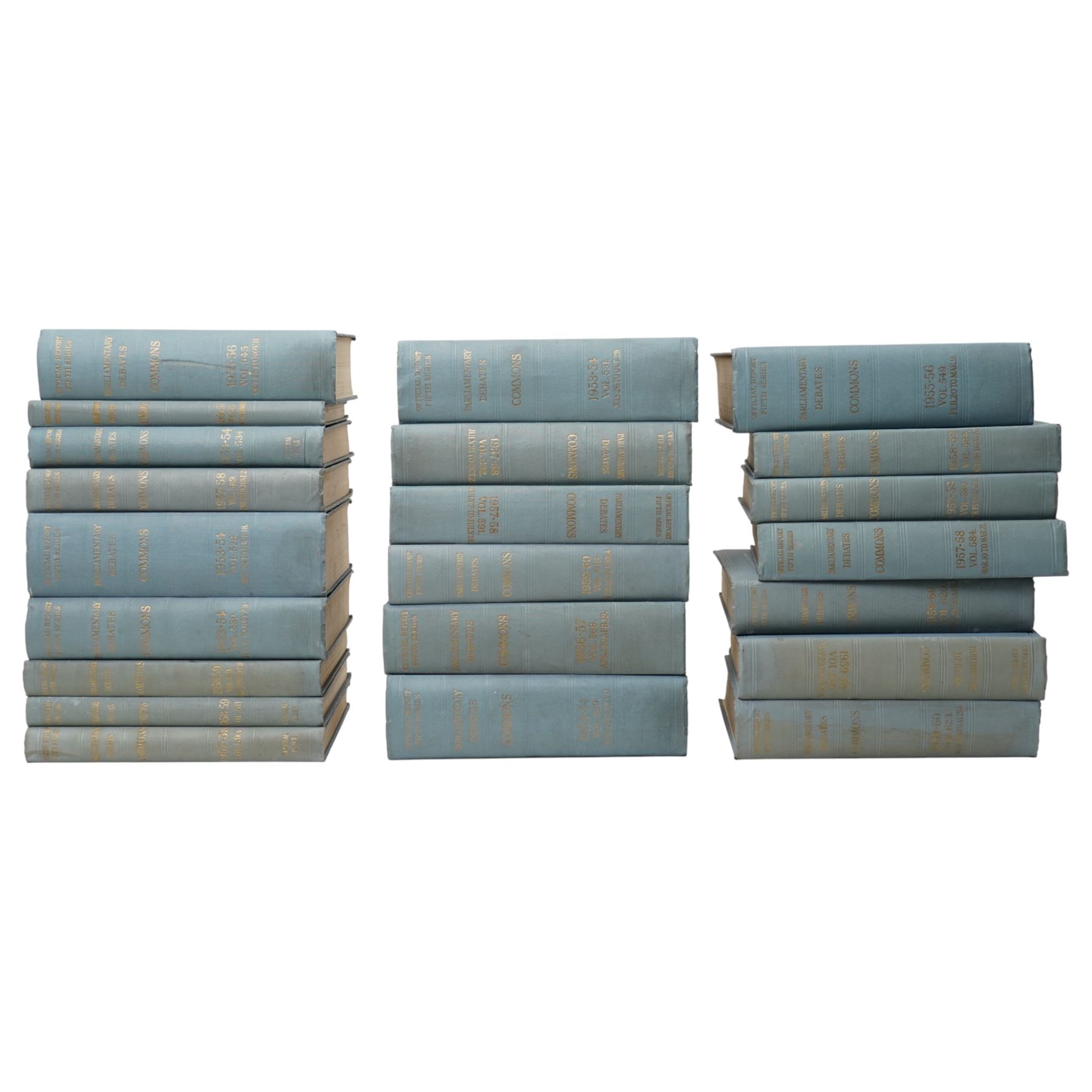 Hansard - House of Commons Parliamentary Debates covering the period 1952-1960, thirty nine volumes in original blue boards 
Provenance: property of a Nobleman