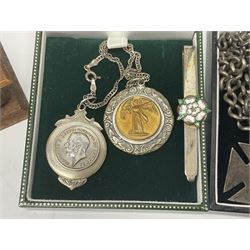 Victorian and later silver jewellery including fob with rose gold cartouche, cross pendant, enamel Yorkshire rose tie pin and fob bracelet,  together with an Edwardian silver vesta case, hallmarked Birmingham 1907, a wooden pocket watch case and three costume brooches 