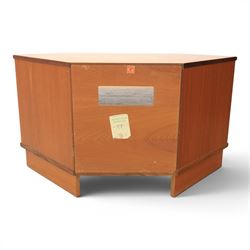 G-Plan - teak corner media unit, shaped top above a sliding central shelf above an open recess, flanked by further shelves, raised on a plinth base with a rear aperture for wires