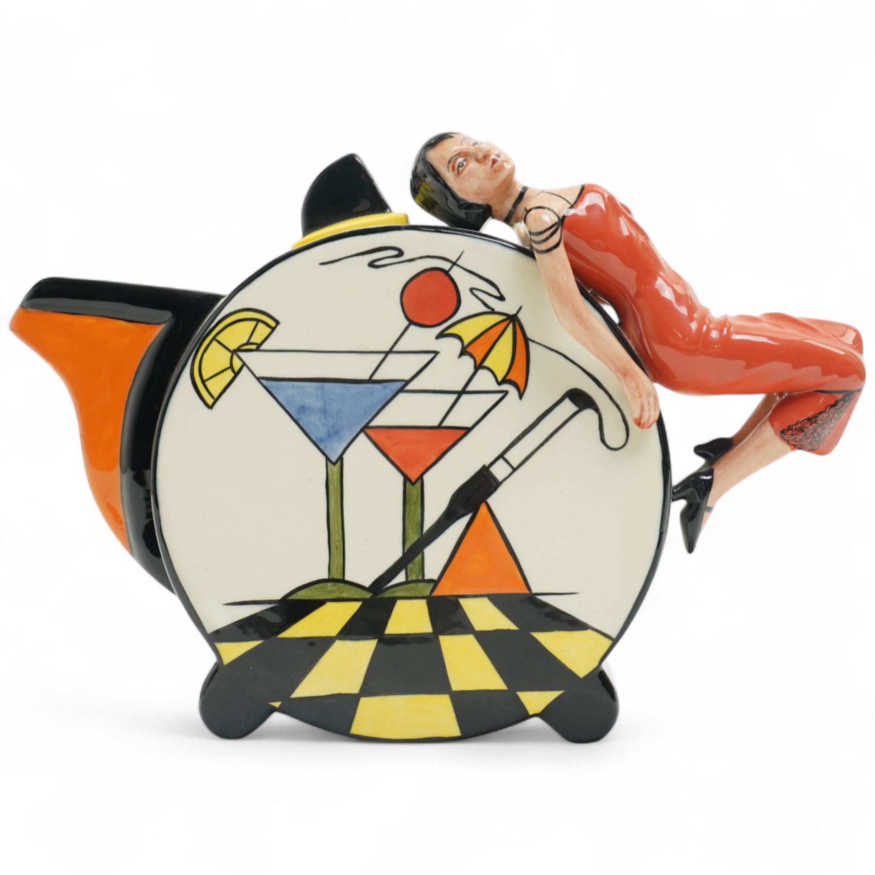 Lorna Bailey limited edition Cocktails teapot, the handle formed as a reclining lady in high relief, marked and signed, numbered 44/350, H19cm
