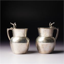 Pair of late Victorian small silver mustard or preserve pots with gilded interiors of balu...