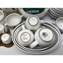 Denby Greenwheat pattern part dinner and tea service, to include six dinner plates, six side plates, six dessert plates, six bowls, four serving dishes of various sizes, teapot, two milk jugs etc (47)