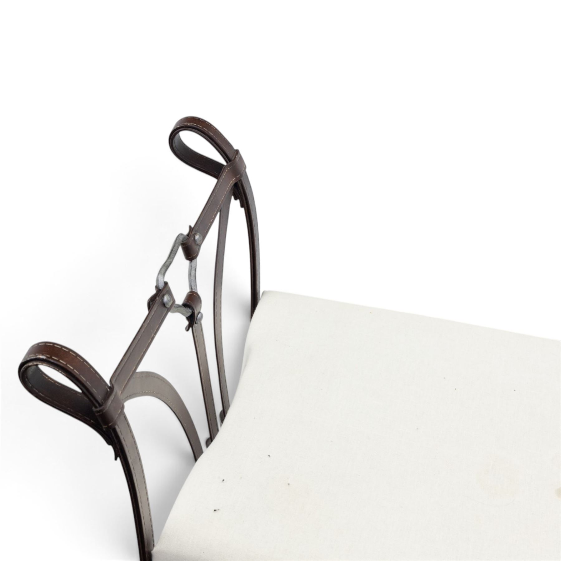 And So To Bed - 'Handel' wrought iron window seat, the rectangular upholstered seat enclosed by scrolling and arched ends with shaped uprights, on scrolling supports united by curved stretchers
