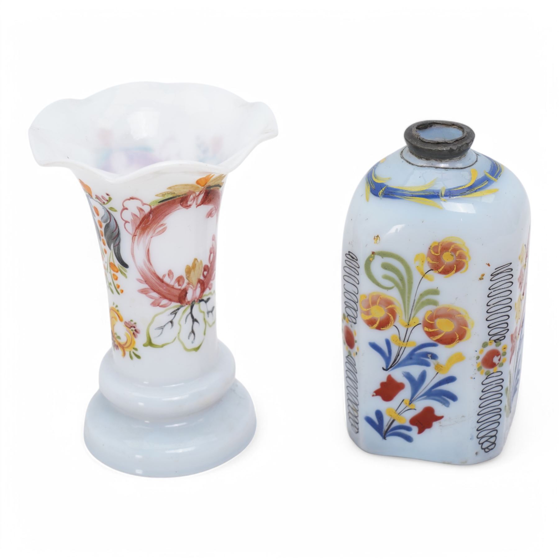 Thomas Webb & Sons Queens 'Burmese' glass posy vase, c.1880, of trumpet form with fluted rim, impressed mark to base, H10cm; with a selection of 19th century and later glassware, including enamelled milk glass, wine glass etc