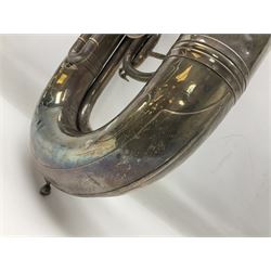Boosey & Co silver plated 'Solbron' Class A Tuba c1920, serial number 102760, with compensating pistons and foliate engraved decoration H106cm 