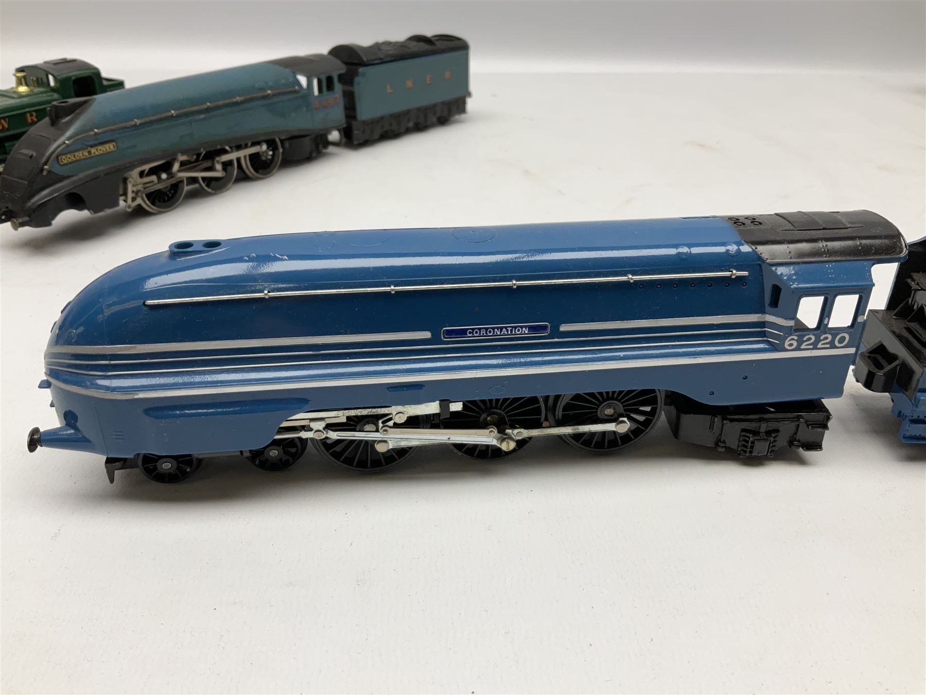 Tri-ang Hornby '00' gauge - Coronation Class 4-6-2 locomotive 'Coronation' No.6220 in LMS blue/silver livery with 'Alternative Names & Numbers' pack in box base with plain slip case; and Class 57XX 0-6-0 Pannier Tank locomotive No.8751; boxed; together with an incomplete and repainted Hornby Dublo Class A4 4-6-2 locomotive 'Golden Plover' No.4497 in associated box (3)